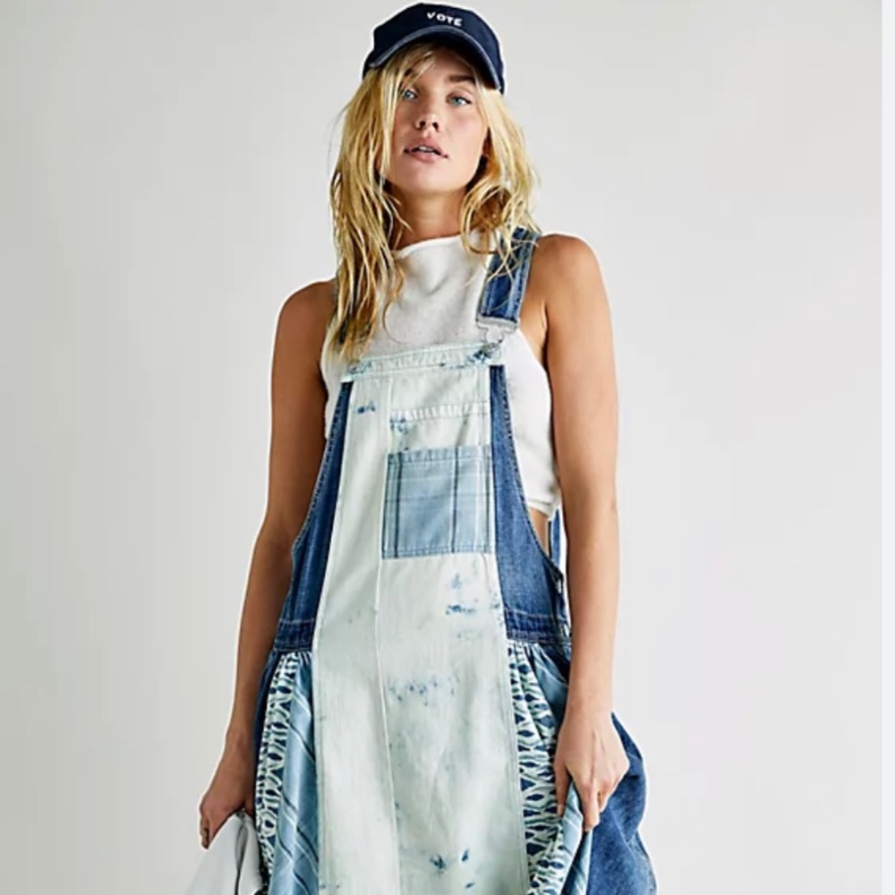 Free people rare and sold out denim overall dress patchwork new with tags!